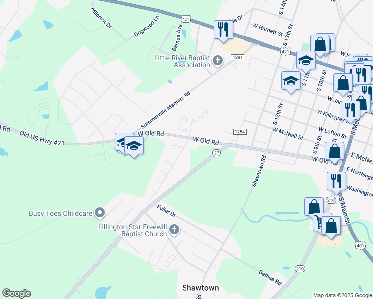 map of restaurants, bars, coffee shops, grocery stores, and more near 57 Emilies Crossing Way in Lillington