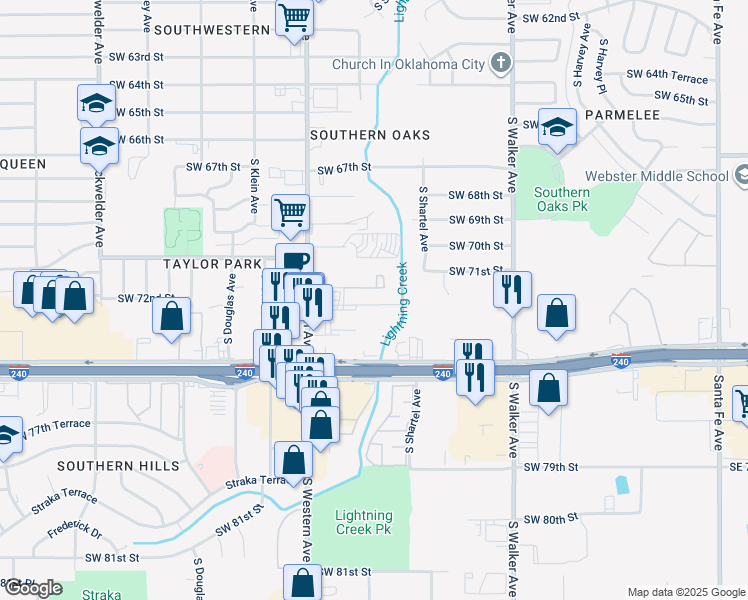 map of restaurants, bars, coffee shops, grocery stores, and more near 745 Southwest 72nd Street in Oklahoma City