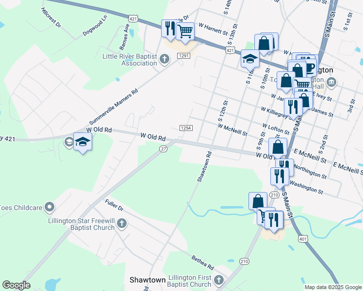 map of restaurants, bars, coffee shops, grocery stores, and more near 701 West Old Road in Lillington