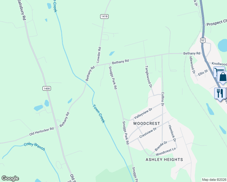 map of restaurants, bars, coffee shops, grocery stores, and more near 2301 Snuggs Park Rd in Albemarle