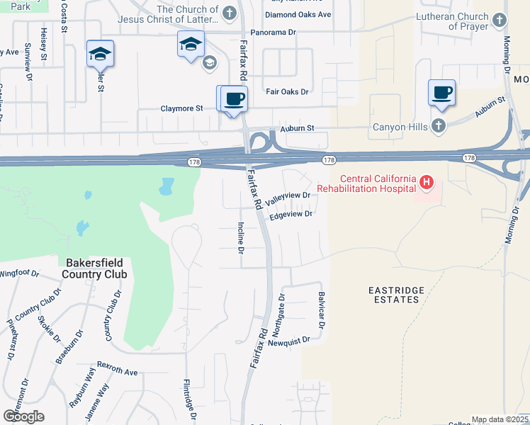 map of restaurants, bars, coffee shops, grocery stores, and more near 6602 Edgeview Drive in Bakersfield