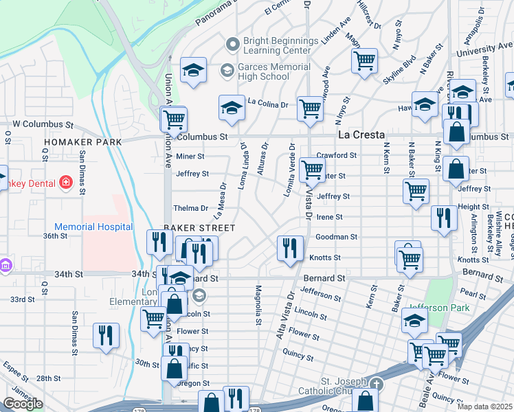 map of restaurants, bars, coffee shops, grocery stores, and more near 2321 Thelma Drive in Bakersfield