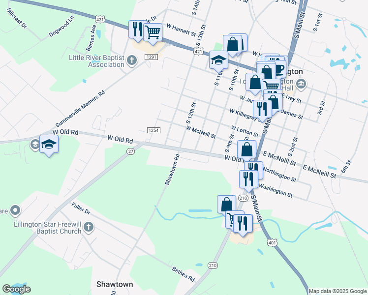 map of restaurants, bars, coffee shops, grocery stores, and more near 1315 South 12th Street in Lillington