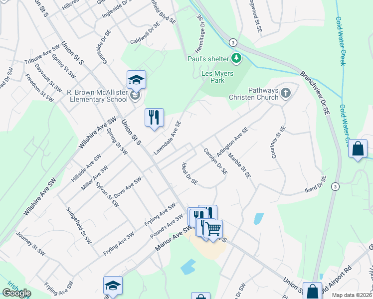 map of restaurants, bars, coffee shops, grocery stores, and more near 66 Eastcliff Drive Southeast in Concord