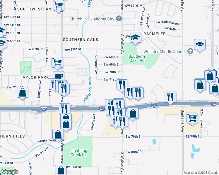 map of restaurants, bars, coffee shops, grocery stores, and more near 7245 South Walker Avenue in Oklahoma City