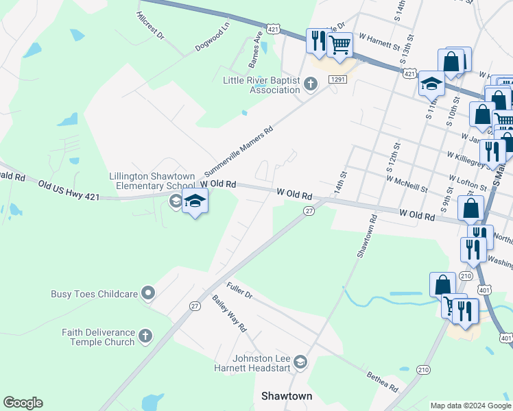 map of restaurants, bars, coffee shops, grocery stores, and more near 68 Emilies Crossing Way in Lillington