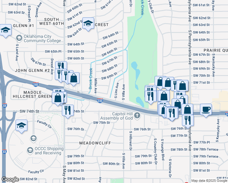 map of restaurants, bars, coffee shops, grocery stores, and more near 7113 South Linn Avenue in Oklahoma City