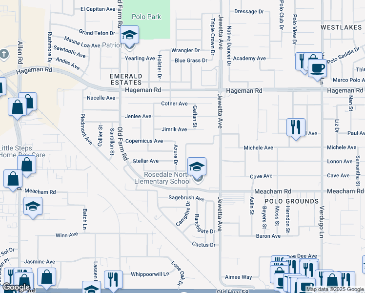 map of restaurants, bars, coffee shops, grocery stores, and more near 3711 Campfire Drive in Bakersfield