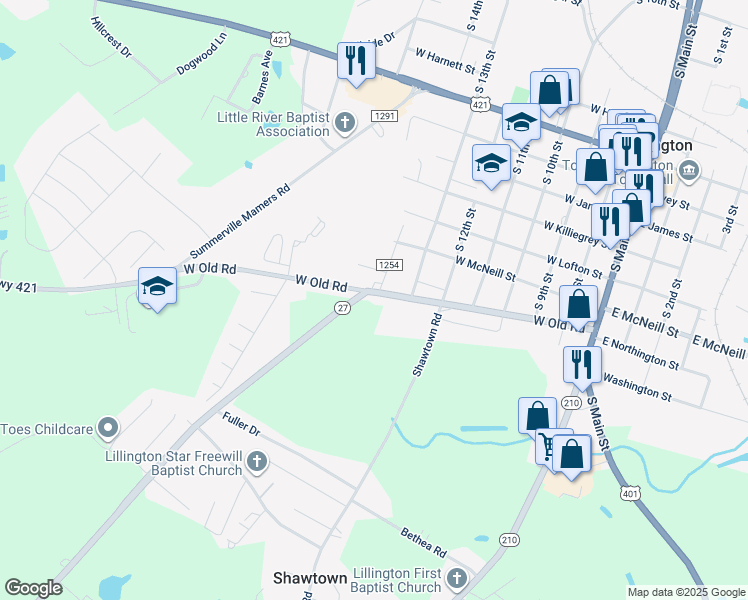 map of restaurants, bars, coffee shops, grocery stores, and more near 701 West Old Road in Lillington