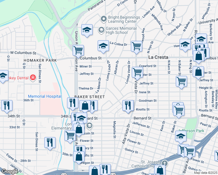 map of restaurants, bars, coffee shops, grocery stores, and more near 2321 Thelma Drive in Bakersfield