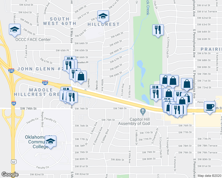 map of restaurants, bars, coffee shops, grocery stores, and more near 2605 Southwest 71st Street in Oklahoma City