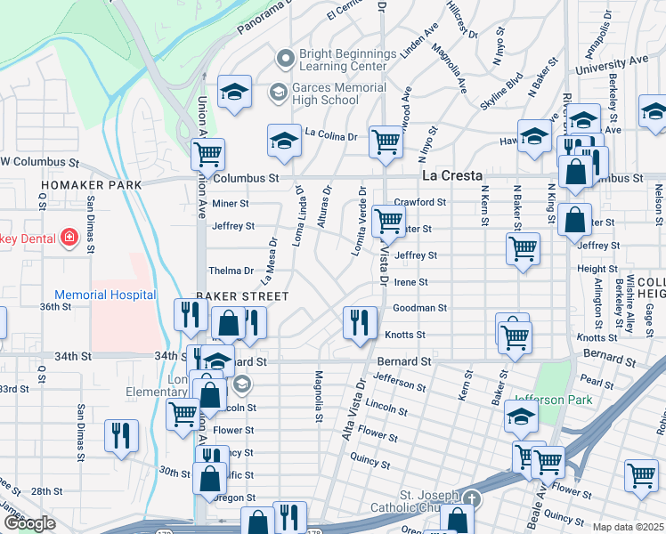 map of restaurants, bars, coffee shops, grocery stores, and more near 2309 Alturas Drive in Bakersfield