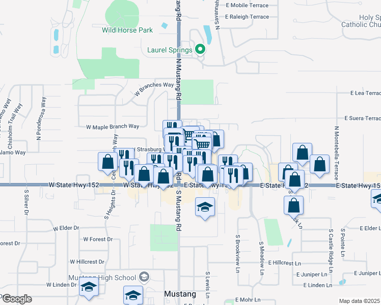 map of restaurants, bars, coffee shops, grocery stores, and more near 115 East State Highway 152 in Mustang