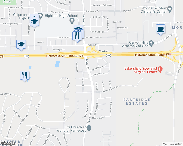 map of restaurants, bars, coffee shops, grocery stores, and more near 6602 Edgeview Drive in Bakersfield