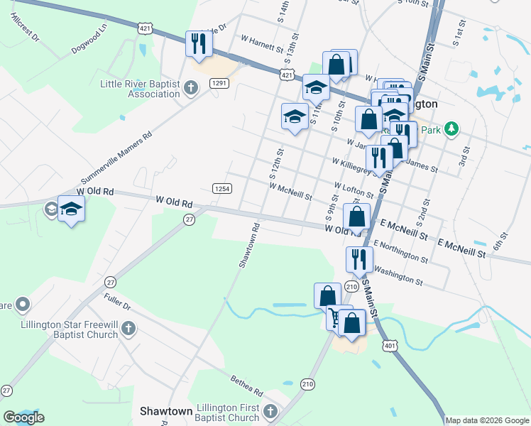 map of restaurants, bars, coffee shops, grocery stores, and more near 1315 South 12th Street in Lillington