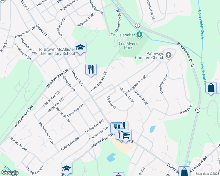 map of restaurants, bars, coffee shops, grocery stores, and more near 66 Eastcliff Drive Southeast in Concord