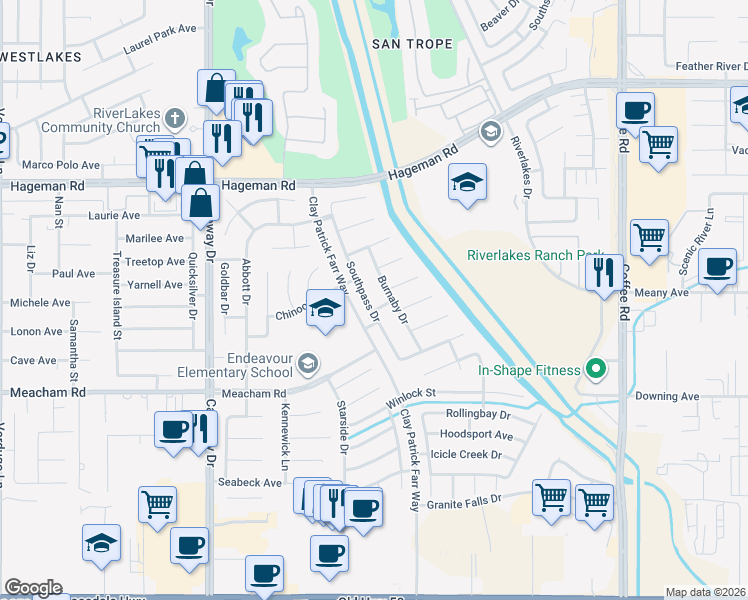 map of restaurants, bars, coffee shops, grocery stores, and more near 3718 Southpass Dr in Bakersfield
