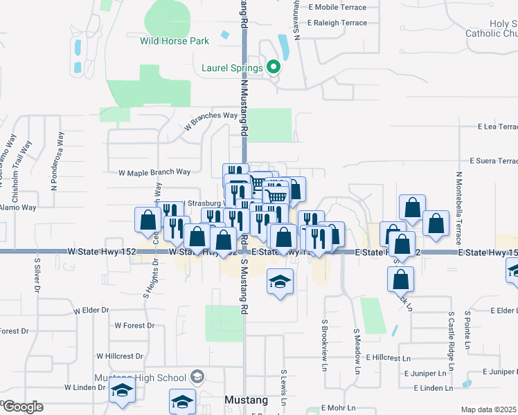 map of restaurants, bars, coffee shops, grocery stores, and more near 115 East State Highway 152 in Mustang