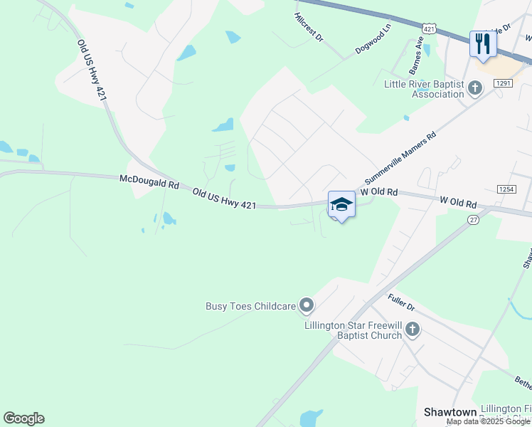 map of restaurants, bars, coffee shops, grocery stores, and more near 1031 Old US Highway 421 in Lillington