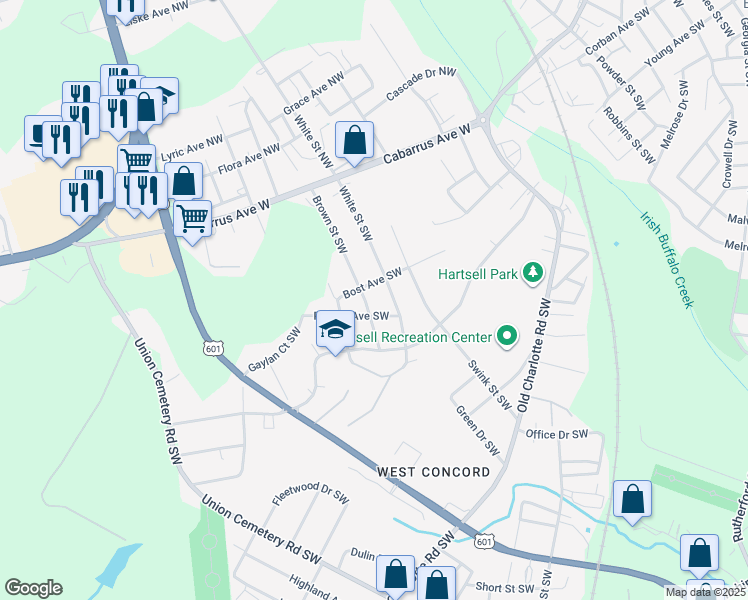 map of restaurants, bars, coffee shops, grocery stores, and more near 115 Brown St SW in Concord