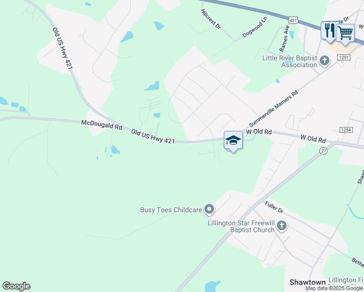 map of restaurants, bars, coffee shops, grocery stores, and more near 1031 Old US Highway 421 in Lillington