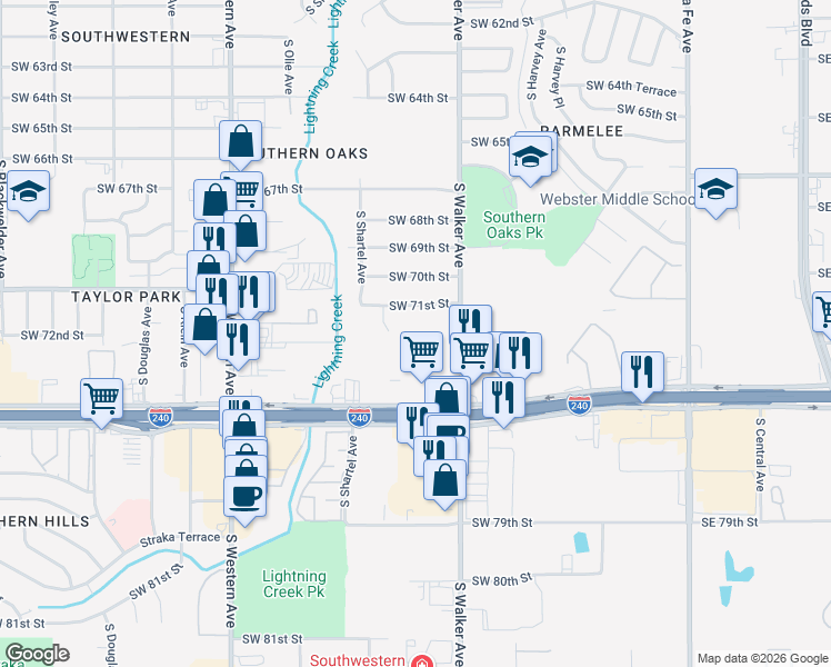 map of restaurants, bars, coffee shops, grocery stores, and more near 7245 South Walker Avenue in Oklahoma City