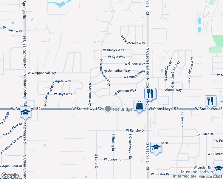 map of restaurants, bars, coffee shops, grocery stores, and more near 306 North Westchester Way in Mustang