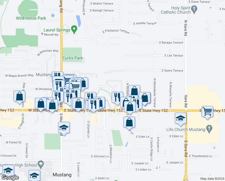 map of restaurants, bars, coffee shops, grocery stores, and more near 304 North Pebble Creek Terrace in Mustang