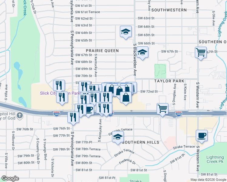 map of restaurants, bars, coffee shops, grocery stores, and more near 1404 Southwest 72nd Street in Oklahoma City