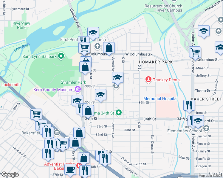 map of restaurants, bars, coffee shops, grocery stores, and more near 3717 Jewett Avenue in Bakersfield