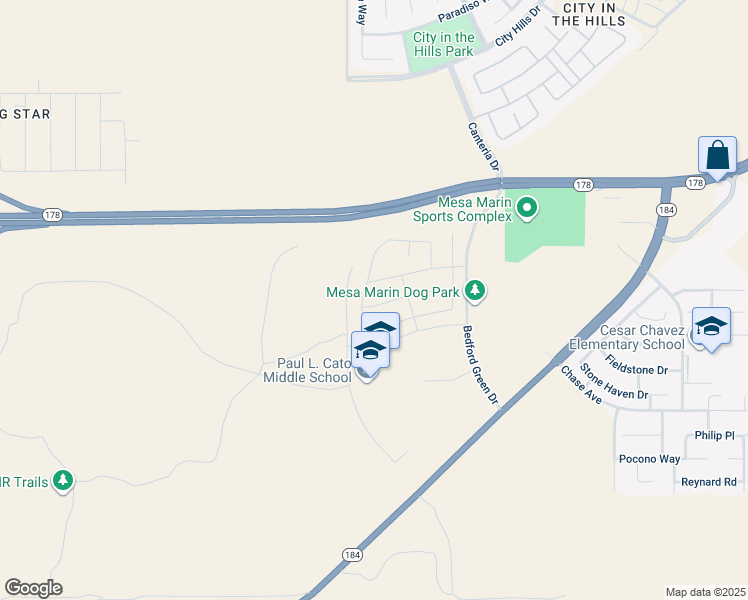map of restaurants, bars, coffee shops, grocery stores, and more near Turning Leaf Lane in Bakersfield