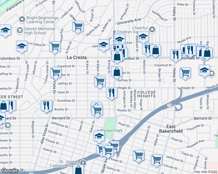 map of restaurants, bars, coffee shops, grocery stores, and more near in Kern County