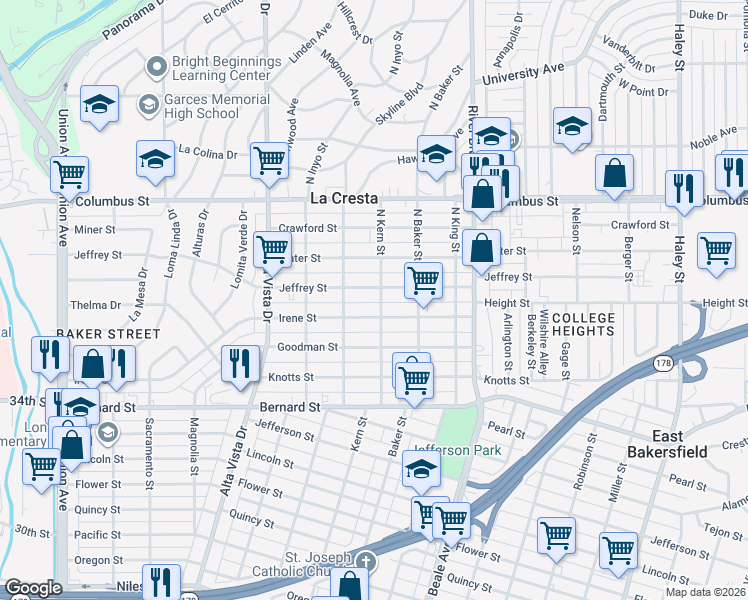 map of restaurants, bars, coffee shops, grocery stores, and more near 2315 North Kern Street in Bakersfield