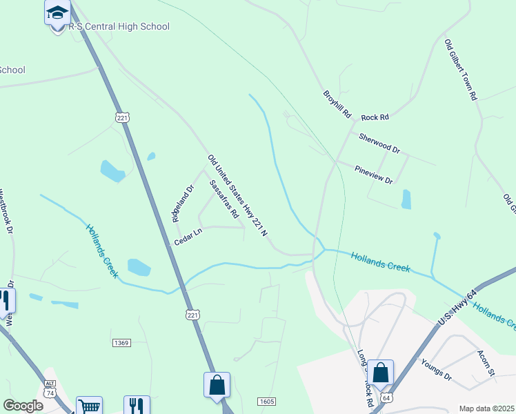 map of restaurants, bars, coffee shops, grocery stores, and more near U.S. 221 in Rutherfordton