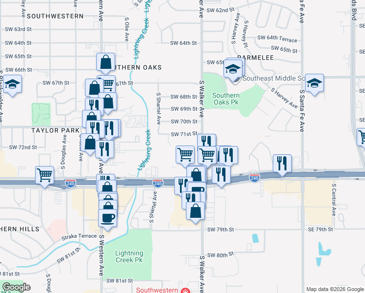 map of restaurants, bars, coffee shops, grocery stores, and more near 7245 South Walker Avenue in Oklahoma City