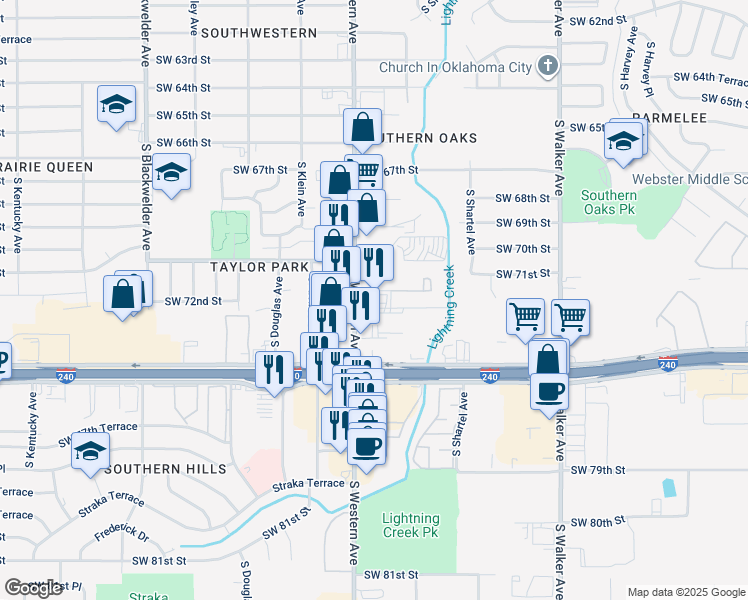 map of restaurants, bars, coffee shops, grocery stores, and more near 7160-7198 South Western Avenue in Oklahoma City