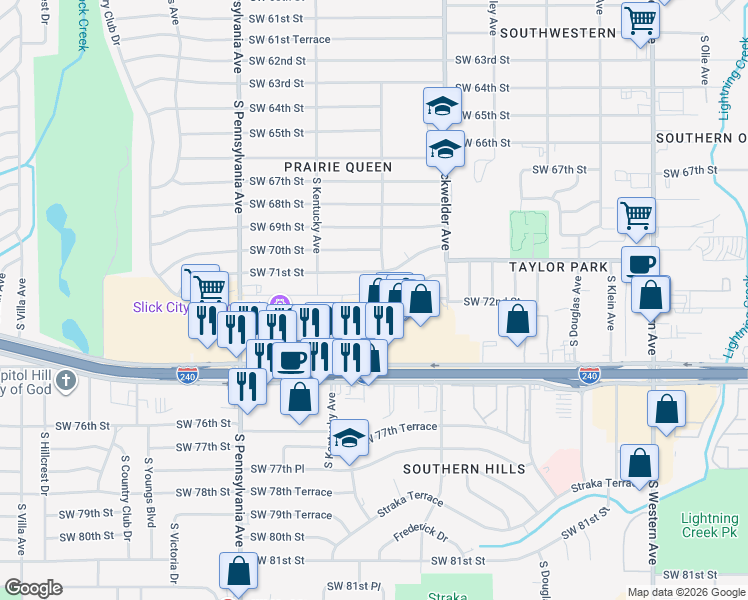 map of restaurants, bars, coffee shops, grocery stores, and more near 1404 Southwest 72nd Street in Oklahoma City