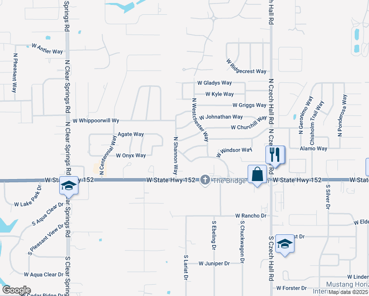 map of restaurants, bars, coffee shops, grocery stores, and more near 304 North Shannon Way in Mustang