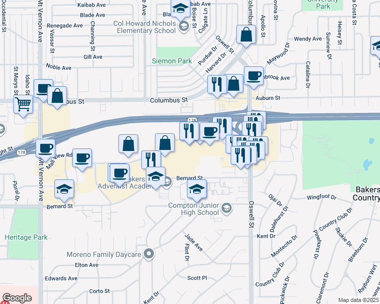 map of restaurants, bars, coffee shops, grocery stores, and more near 3401 Mall View Road in Bakersfield