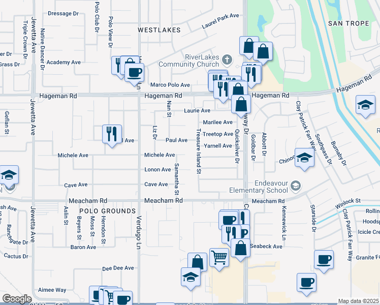 map of restaurants, bars, coffee shops, grocery stores, and more near 10100 Michele Avenue in Bakersfield