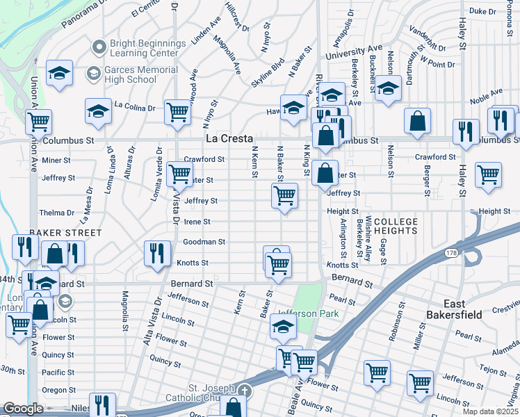 map of restaurants, bars, coffee shops, grocery stores, and more near 2315 N Kern St in Bakersfield