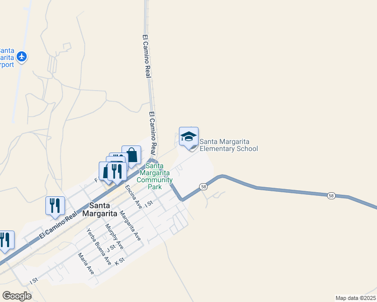 map of restaurants, bars, coffee shops, grocery stores, and more near 22070 H Street in Santa Margarita