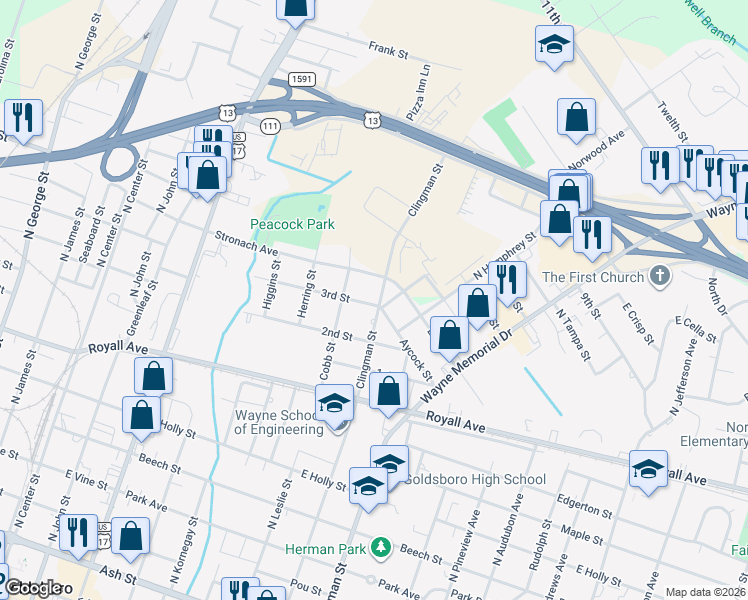 map of restaurants, bars, coffee shops, grocery stores, and more near 1401 Clingman Street in Goldsboro