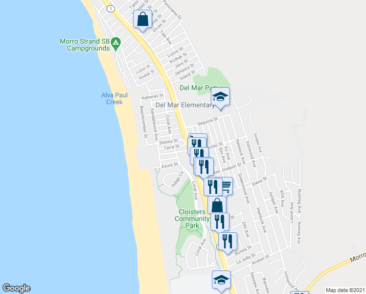 map of restaurants, bars, coffee shops, grocery stores, and more near 290 Terra Street in Morro Bay