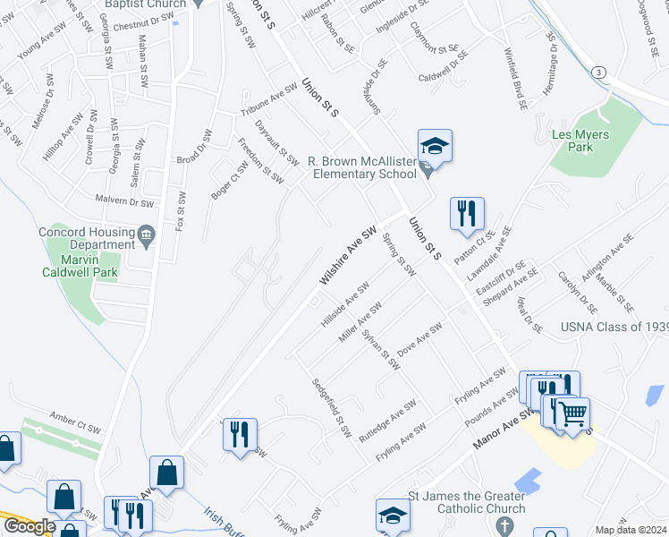 map of restaurants, bars, coffee shops, grocery stores, and more near 104 Wilshire Avenue Southwest in Concord