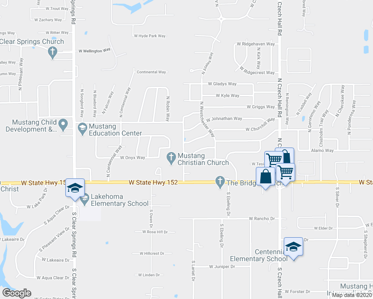 map of restaurants, bars, coffee shops, grocery stores, and more near 304 North Shannon Way in Mustang