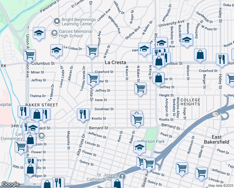 map of restaurants, bars, coffee shops, grocery stores, and more near 2321 North Tulare Street in Bakersfield