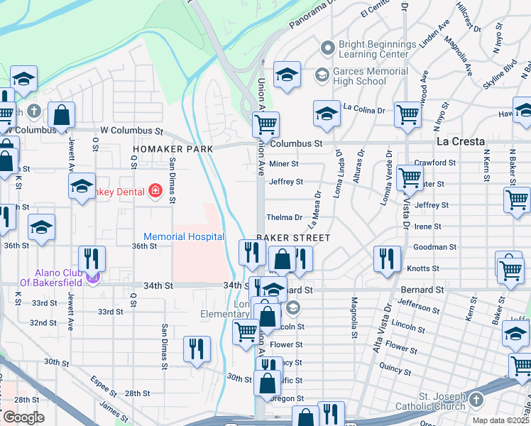 map of restaurants, bars, coffee shops, grocery stores, and more near 2 Thelma Drive in Bakersfield