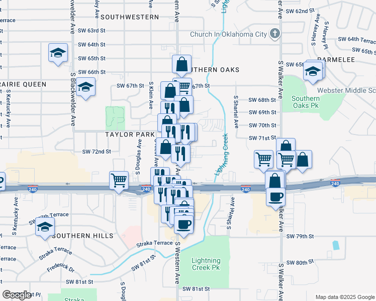 map of restaurants, bars, coffee shops, grocery stores, and more near 805 Southwest 72nd Street in Oklahoma City