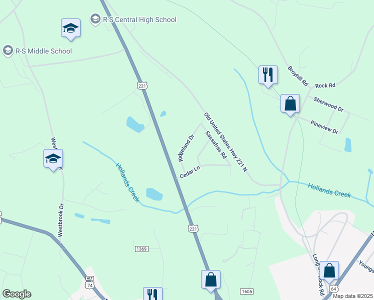 map of restaurants, bars, coffee shops, grocery stores, and more near 174 Ridgeland Drive in Rutherfordton